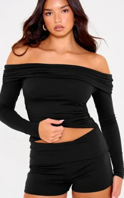 Black Double Contour Jersey Foldover Bardot Long Sleeve Top