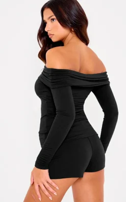 Black Double Contour Jersey Foldover Bardot Long Sleeve Top