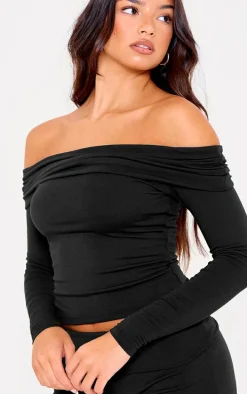 Black Double Contour Jersey Foldover Bardot Long Sleeve Top