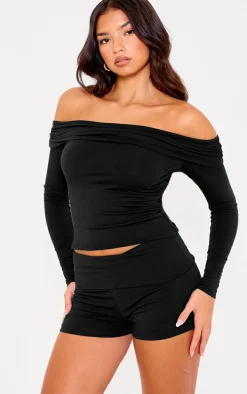 Black Double Contour Jersey Foldover Hot Pants