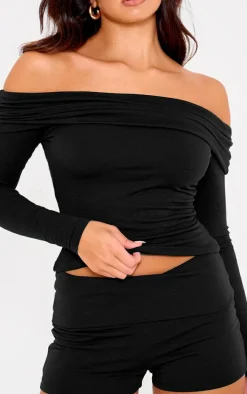 Black Double Contour Jersey Foldover Hot Pants