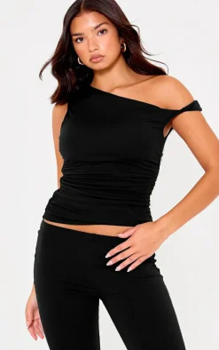 Black Double Contour Jersey Twist Shoulder Ruched Top