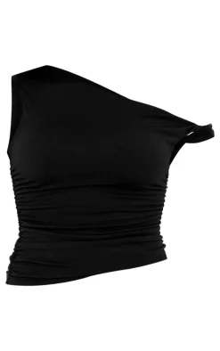 Black Double Contour Jersey Twist Shoulder Ruched Top