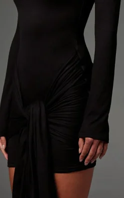 Black Double Contour Long Sleeve Wrap Detail Bodycon Dress