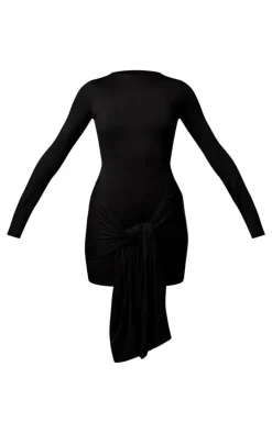 Black Double Contour Long Sleeve Wrap Detail Bodycon Dress