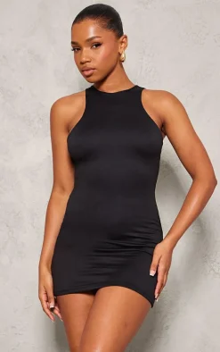 Black Double Contour Racer Neck Bodycon Dress