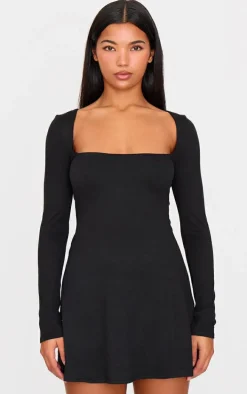 Black Double Contour Square Neck Long Sleeve Bodycon Dress