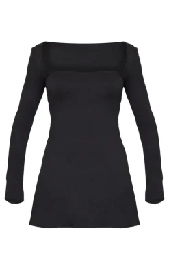 Black Double Contour Square Neck Long Sleeve Bodycon Dress