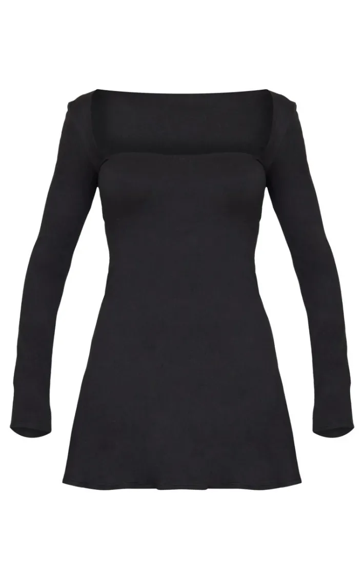 Black Double Contour Square Neck Long Sleeve Bodycon Dress