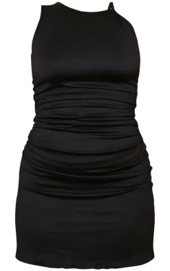 Black Double Contour Twist Strap Ruched Bodycon Dress
