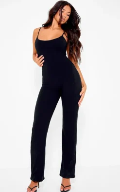 Black Double Layer Contour Jersey Strappy Scoop Back Jumpsuit