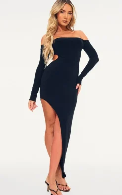 Black Double Layer Long Sleeve Bardot Cut Out Midi Dress