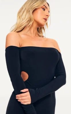 Black Double Layer Long Sleeve Bardot Cut Out Midi Dress