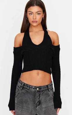 Black Double Layer Rib Knit Long Sleeve Top