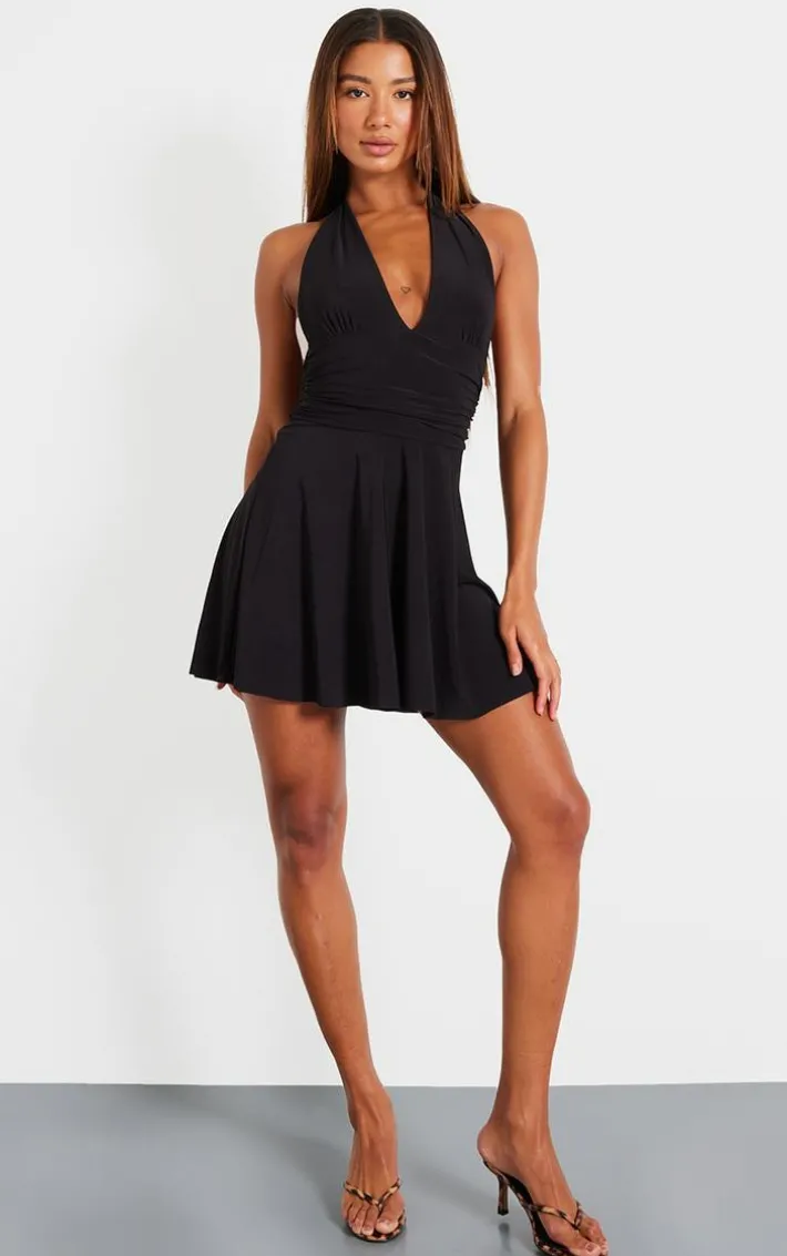 Black Double Layer Slinky Halter Neck Tie Back Shift Dress