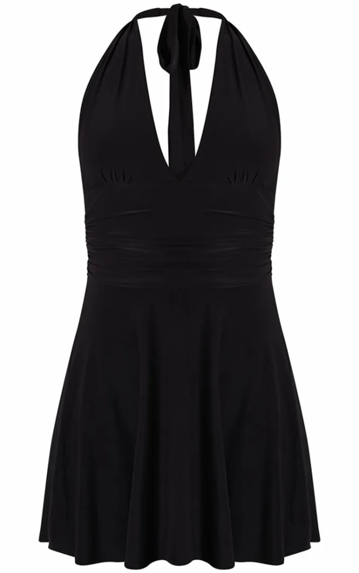 Black Double Layer Slinky Halter Neck Tie Back Shift Dress