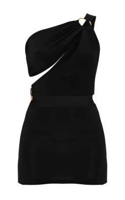 Black Double Layer Slinky Trim Detail Mini Dress