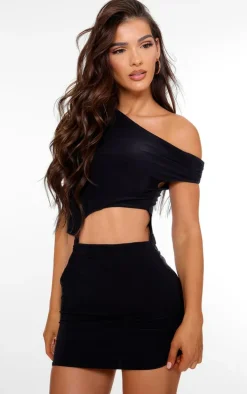 Black Double Layer Slinky Twist Front Racer Neck Mini Dress