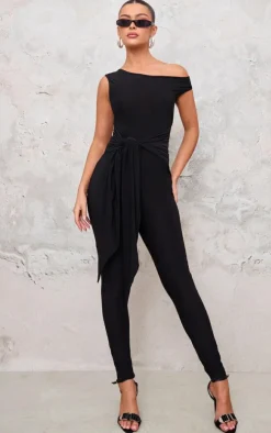 Black Double Layer Slinky Knot Detail Wrap Front Jumpsuit