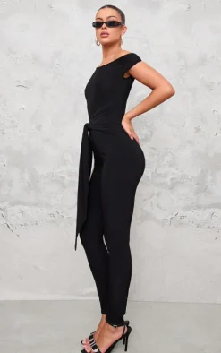 Black Double Layer Slinky Knot Detail Wrap Front Jumpsuit