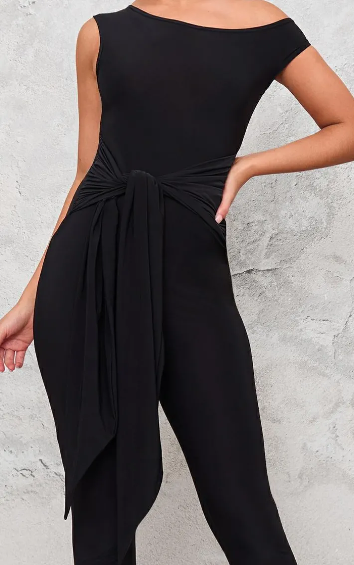 Black Double Layer Slinky Knot Detail Wrap Front Jumpsuit