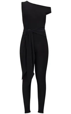 Black Double Layer Slinky Knot Detail Wrap Front Jumpsuit