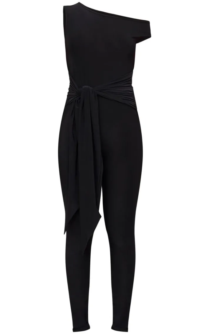 Black Double Layer Slinky Knot Detail Wrap Front Jumpsuit