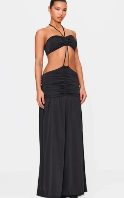 Black Double Layer Slinky Tie Neck Cut Out Maxi Dress