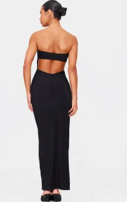 Black Double Layer Slinky Bandeau Low Back Maxi Dress