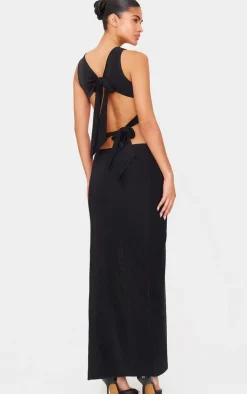 Black Double Layer Slinky Tie Back Maxi Dress