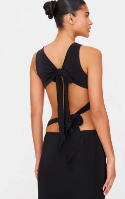 Black Double Layer Slinky Tie Back Maxi Dress