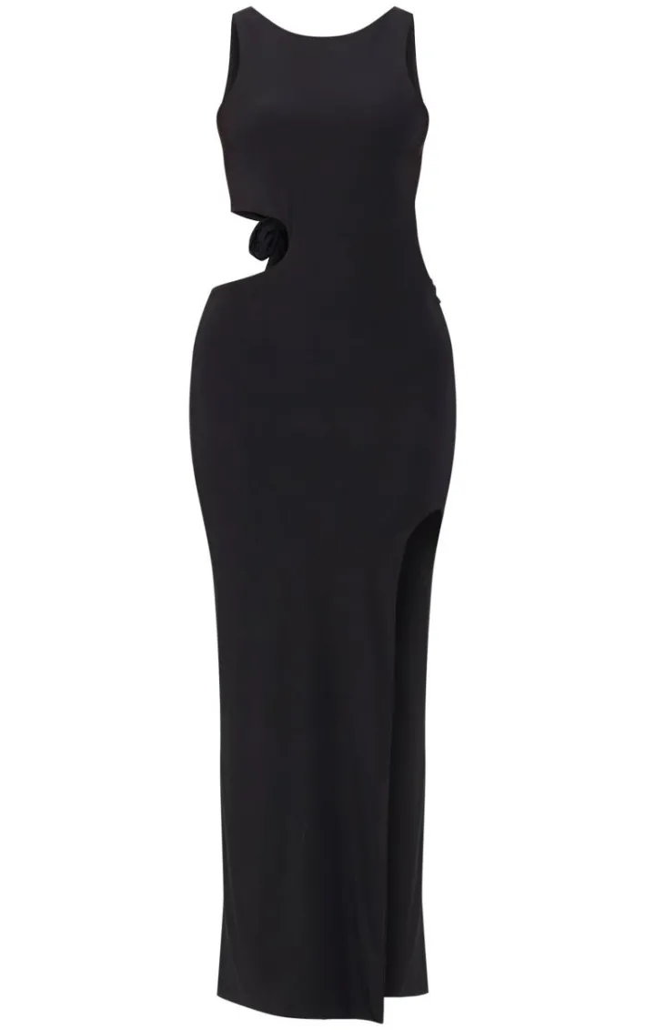 Black Double Layer Slinky Tie Back Maxi Dress