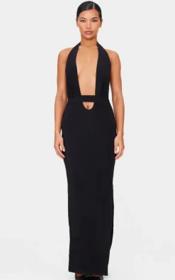 Black Double Layer Slinky Wrap Waist Maxi Dress