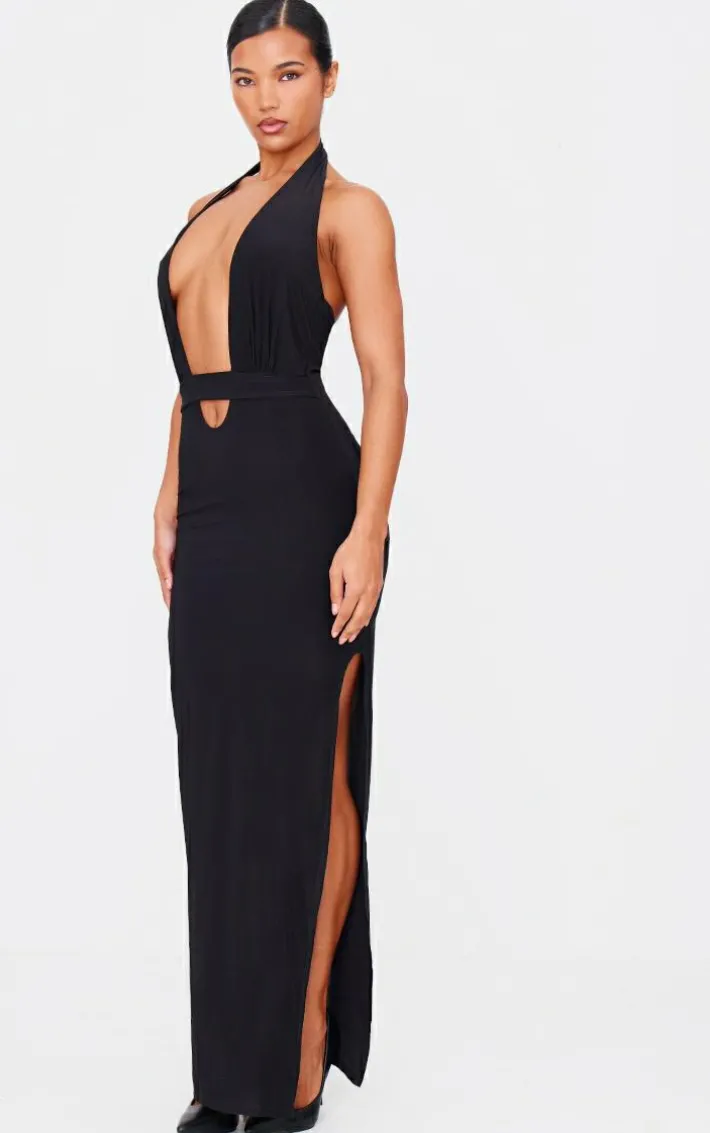 Black Double Layer Slinky Wrap Waist Maxi Dress