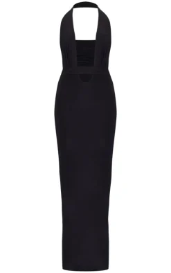 Black Double Layer Slinky Wrap Waist Maxi Dress