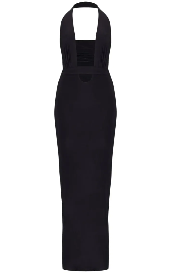 Black Double Layer Slinky Wrap Waist Maxi Dress