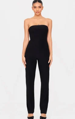Black Double Layer Slinky Bandeau Straight Leg Jumpsuit