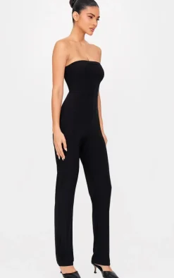 Black Double Layer Slinky Bandeau Straight Leg Jumpsuit