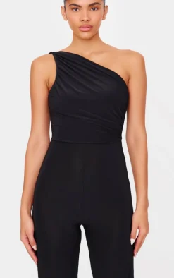 Black Double Layer Slinky Asymmetric Ruched Detail Jumpsuit