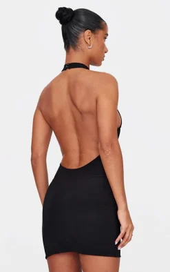 Black Double Slinky High Neck Halterneck Mini Dress