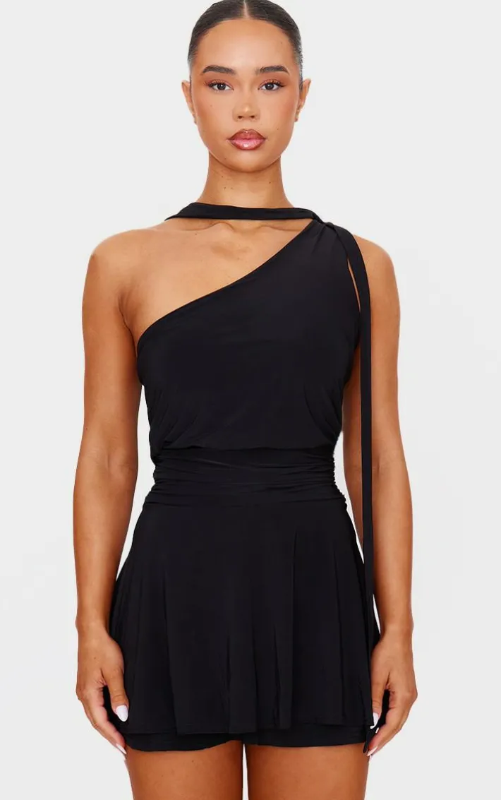 Black Double Slinky Neck Tie Shift Dress