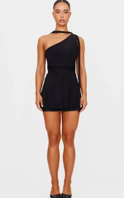 Black Double Slinky Neck Tie Shift Dress