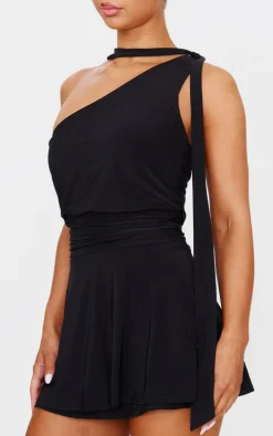 Black Double Slinky Neck Tie Shift Dress