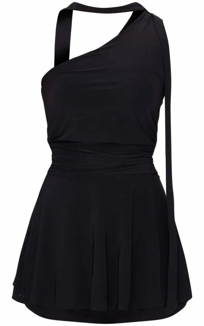 Black Double Slinky Neck Tie Shift Dress