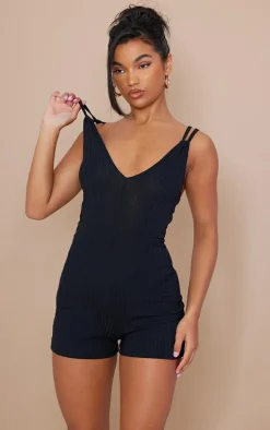 Black Double Strap Rib Plunge Romper