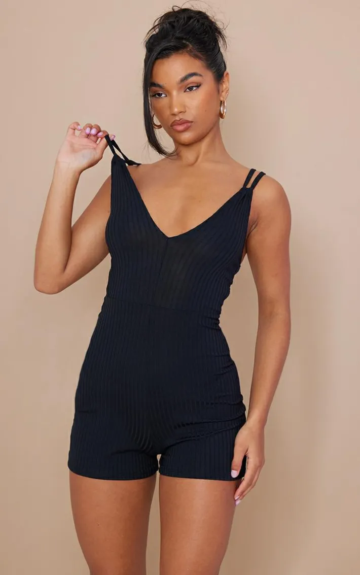Black Double Strap Rib Plunge Romper