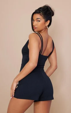 Black Double Strap Rib Plunge Romper