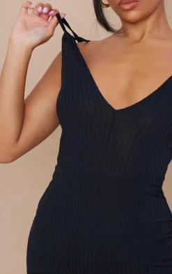 Black Double Strap Rib Plunge Romper