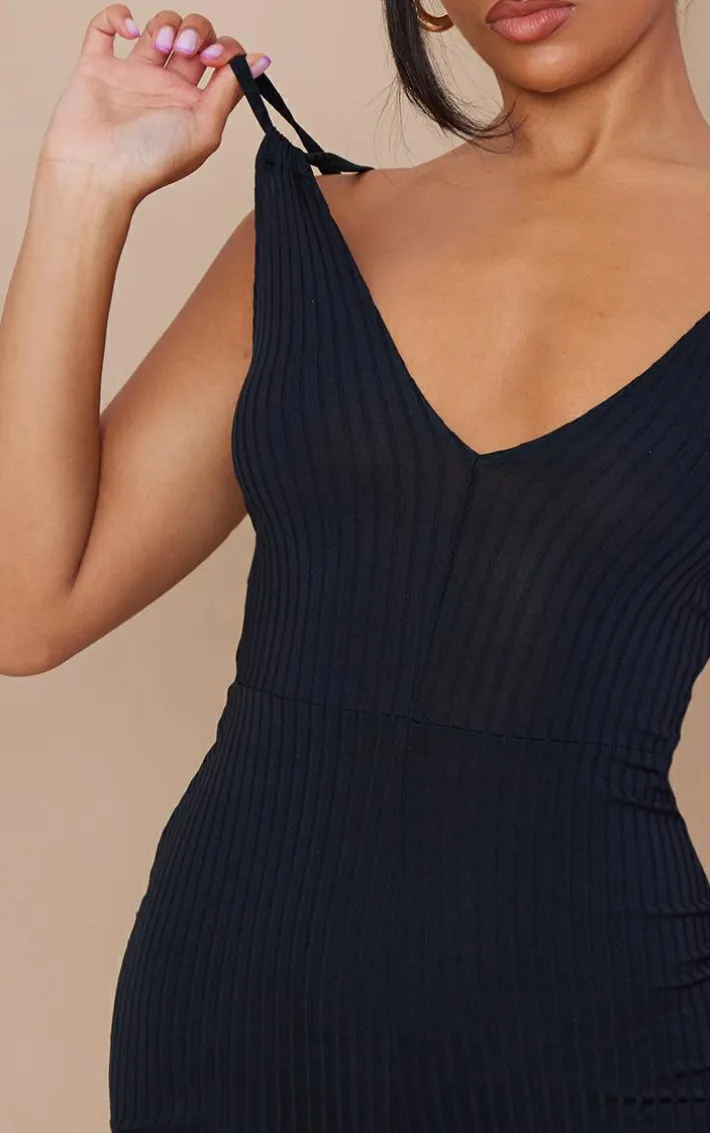 Black Double Strap Rib Plunge Romper