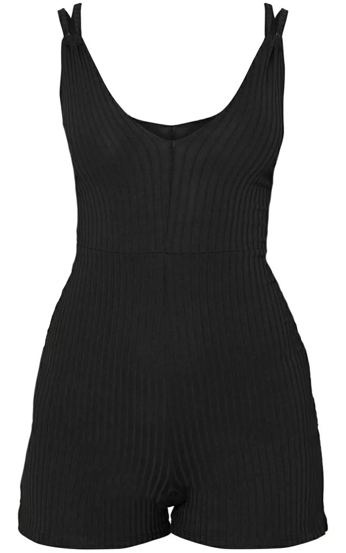 Black Double Strap Rib Plunge Romper